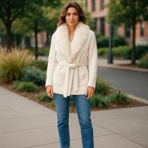 Michael Kors long belted Sweater Coat with fluffy faux Fur Collar Bone White